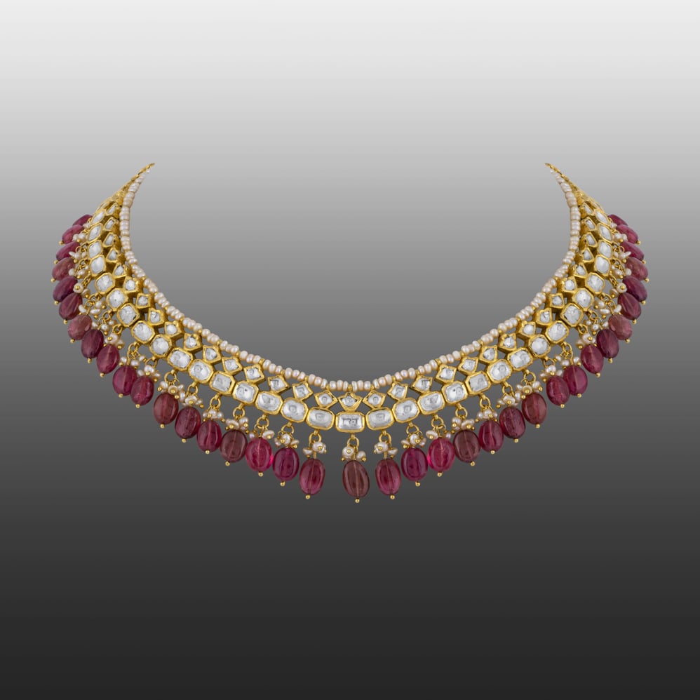 Polki Necklace with Tourmaline Drops and Pearl Beads