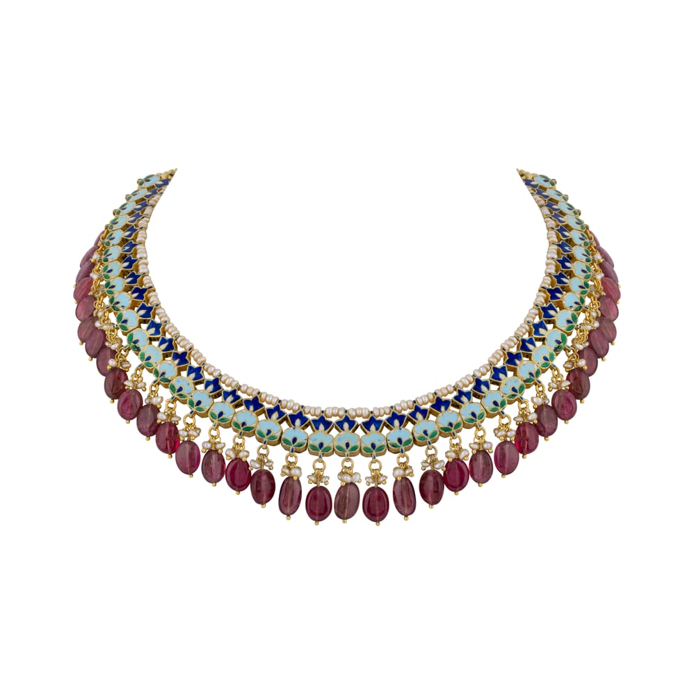 Polki Necklace with Tourmaline Drops and Pearl Beads