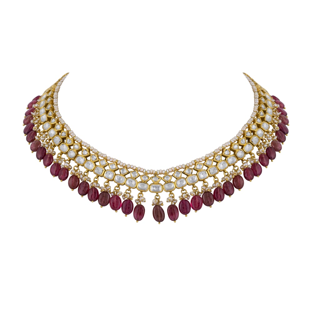Polki Necklace with Tourmaline Drops and Pearl Beads