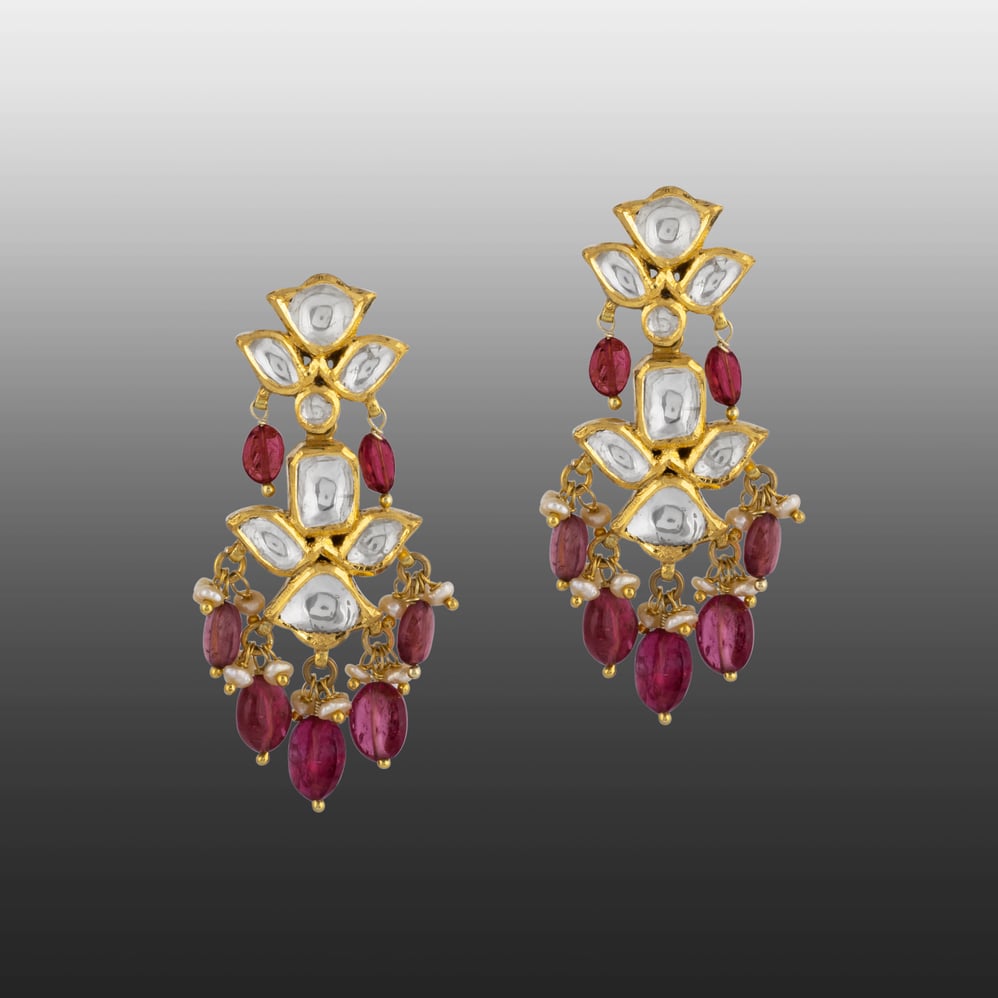 Polki Earrings with Tourmaline Drops and Pearl Accents