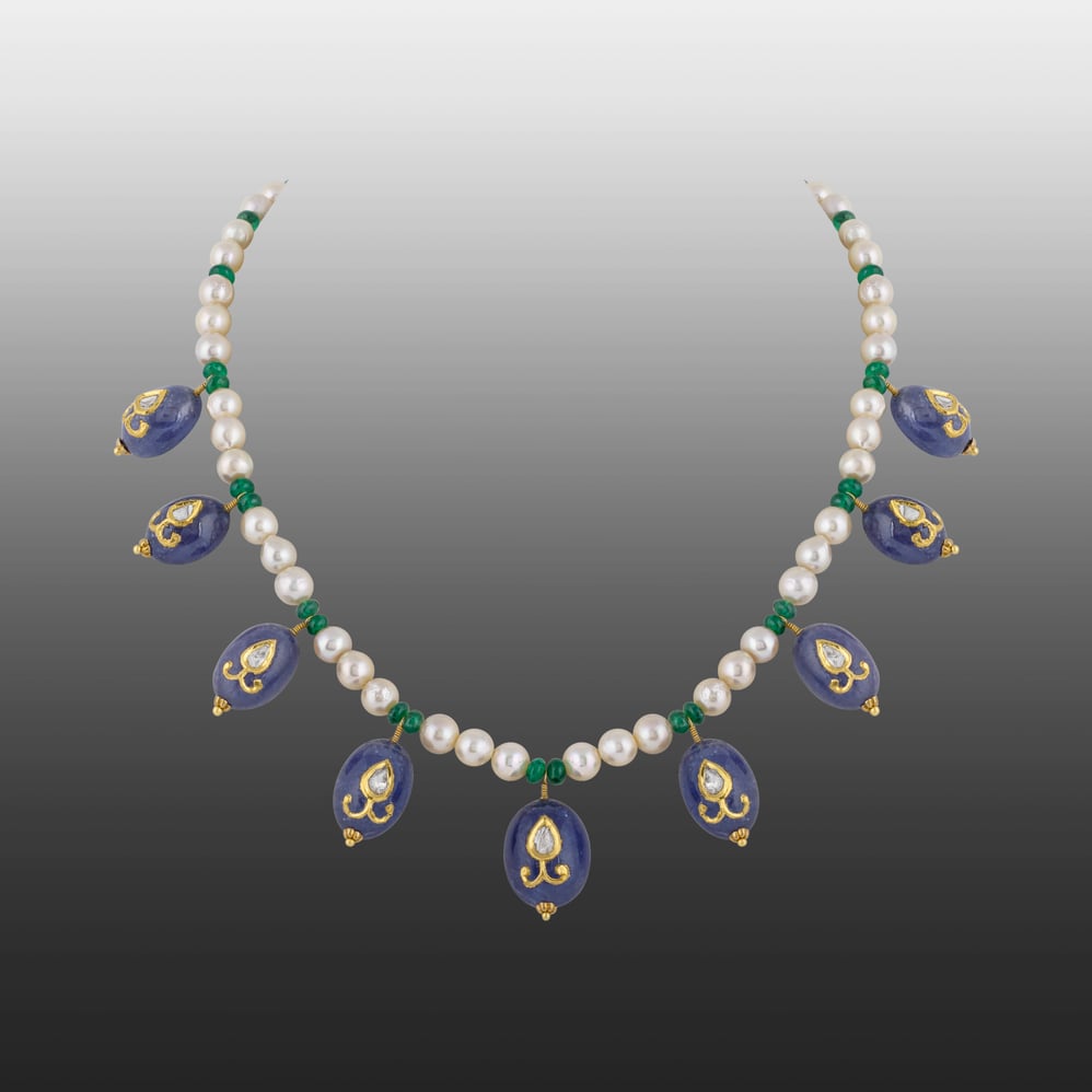 Polki Necklace Jadau Amethyst Hung on Pearl and Green Beads String
