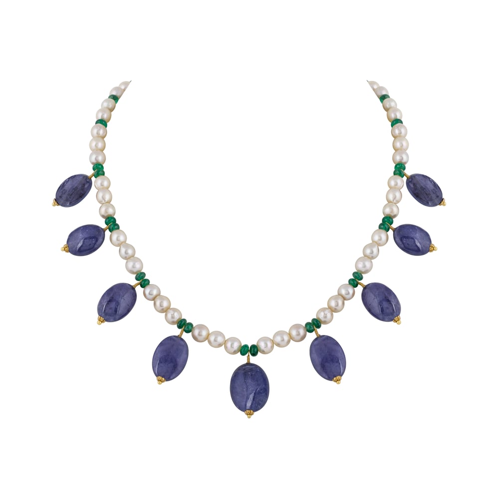 Polki Necklace Jadau Amethyst Hung on Pearl and Green Beads String