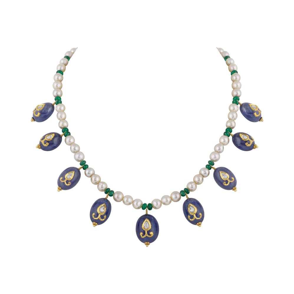 Polki Necklace Jadau Amethyst Hung on Pearl and Green Beads String