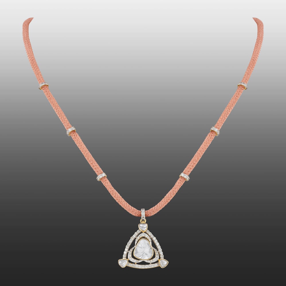 Diamond Polki Triangular Pendant with Rose Gold String