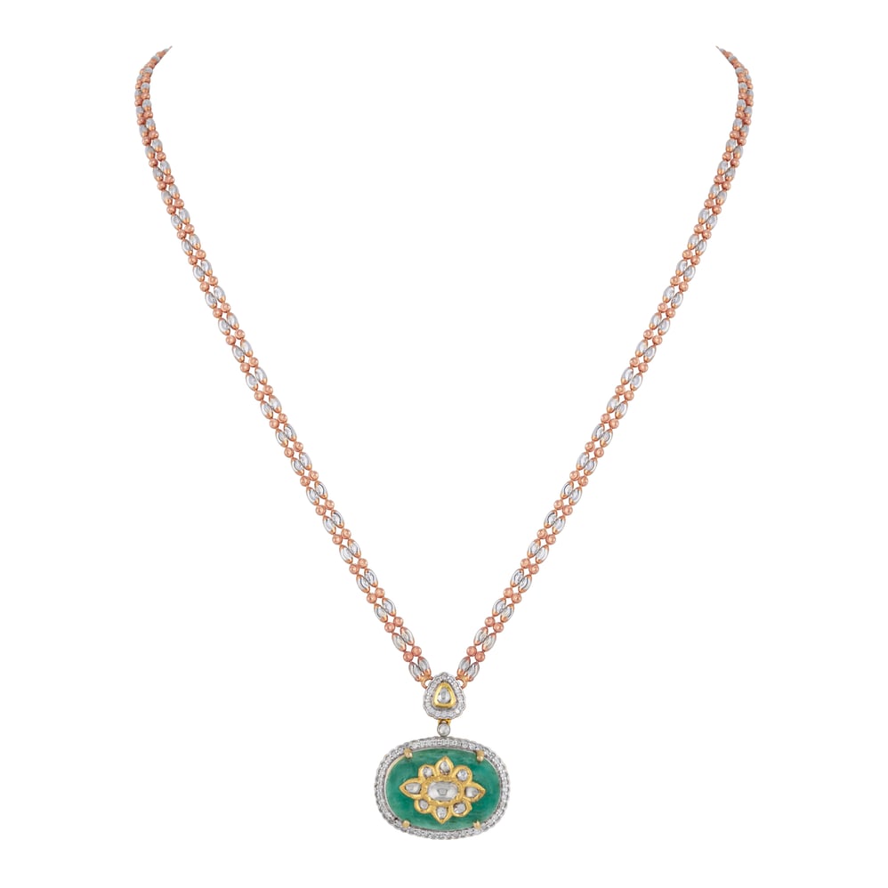 Green Stone Jadau Pendant with Diamond Halo and Fusion Chain