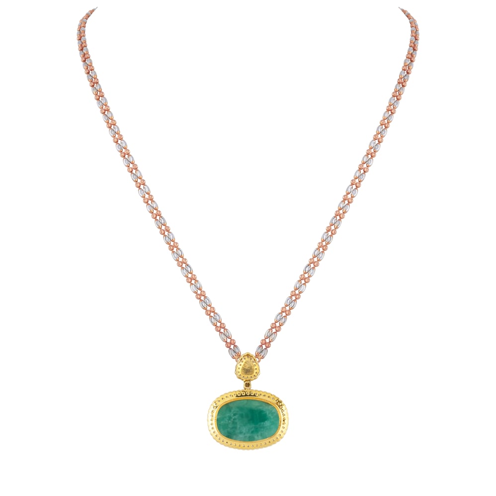 Green Stone Jadau Pendant with Diamond Halo and Fusion Chain