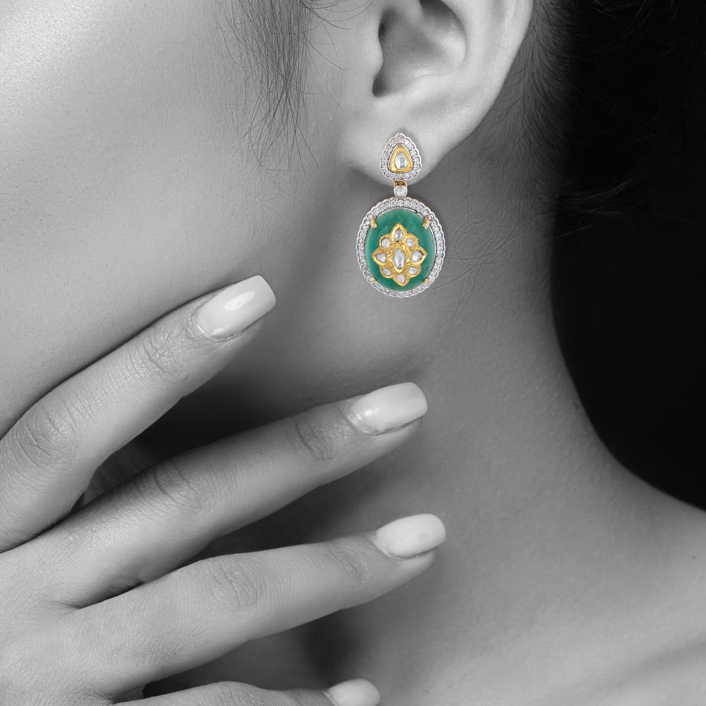Emerald Jadau Earring with Diamond Halo