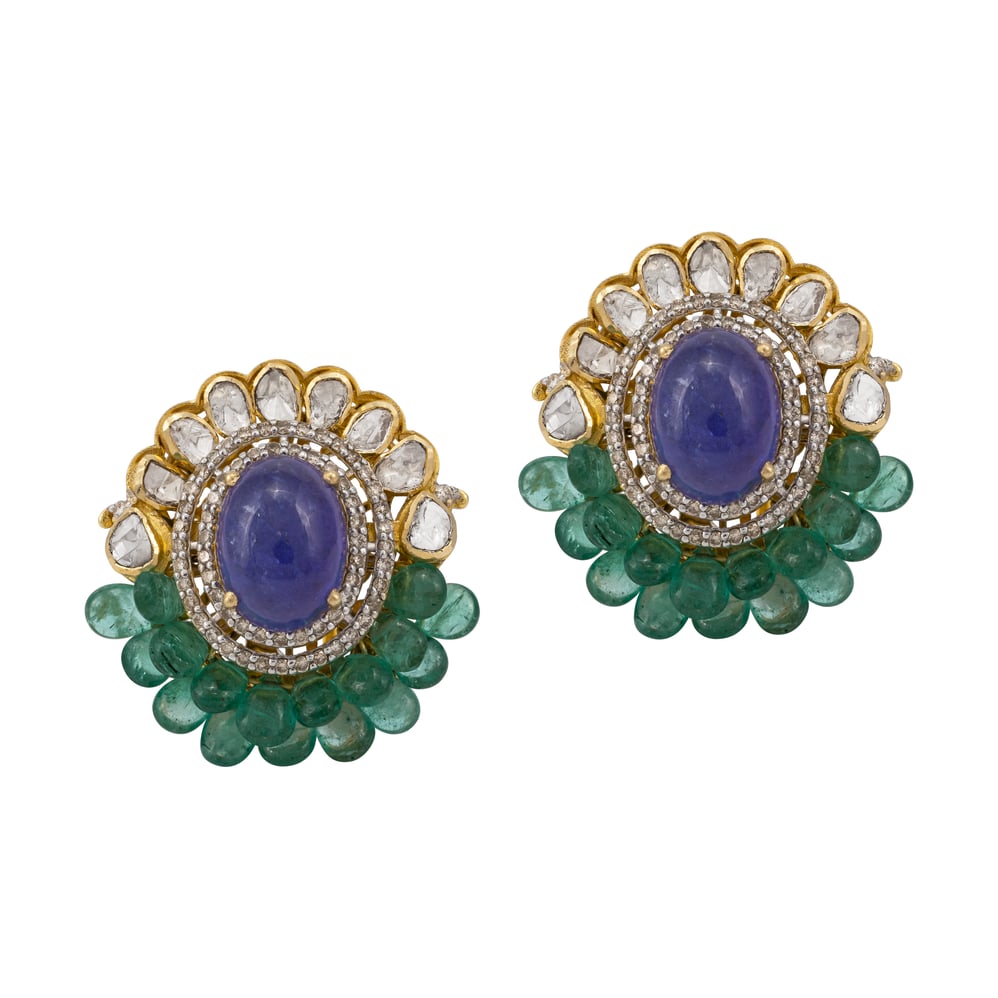 Oval Tanzanite Studs with Polki Half Border and Emerald Beads