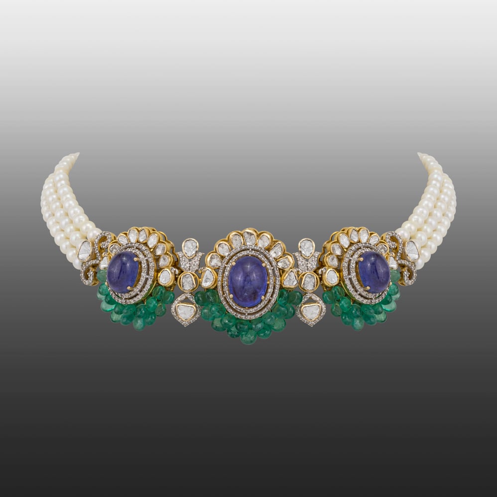 Tanzanite and Emerald Choker with Pearl Strands