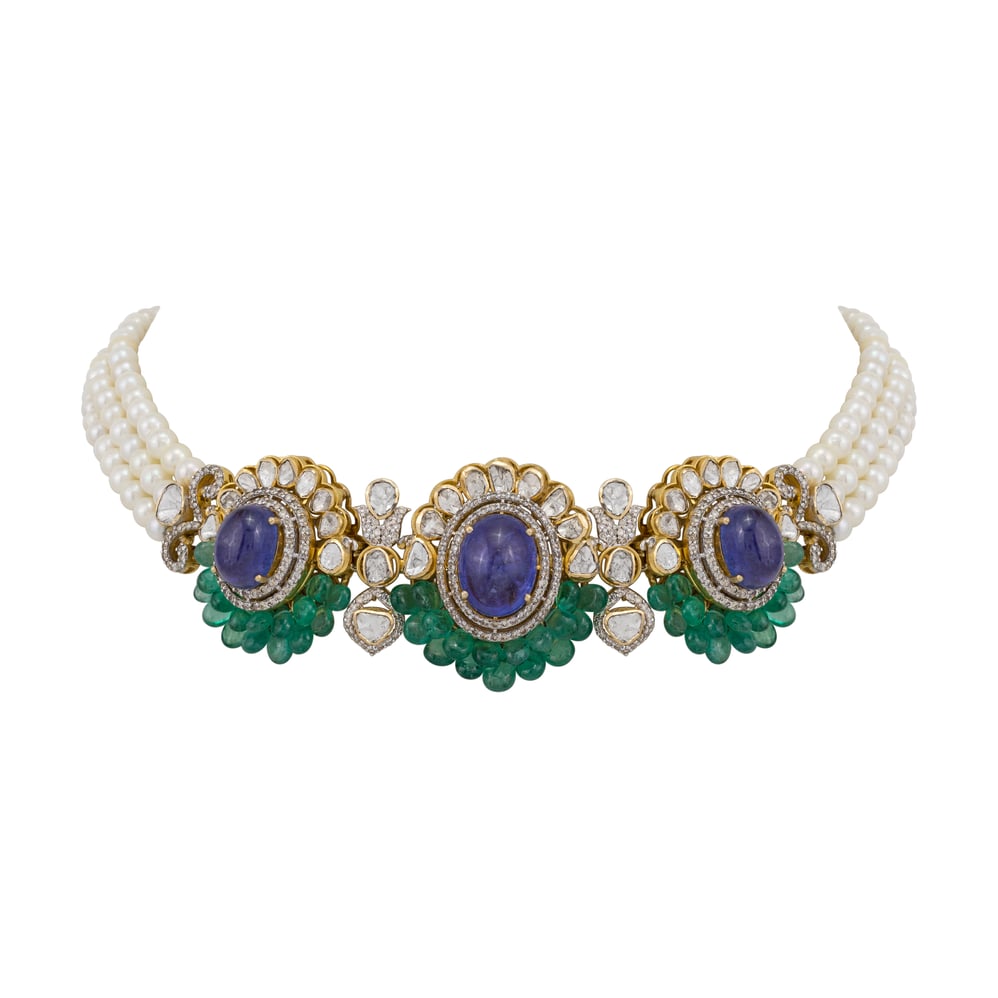 Tanzanite and Emerald Choker with Pearl Strands