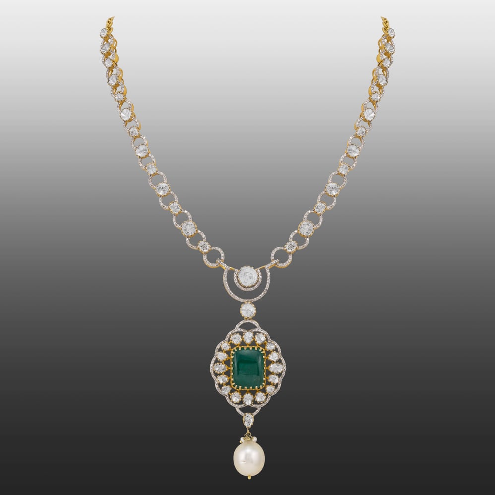 Claw-Set Emerald Pendant with Polki Diamond and Pearl Drops