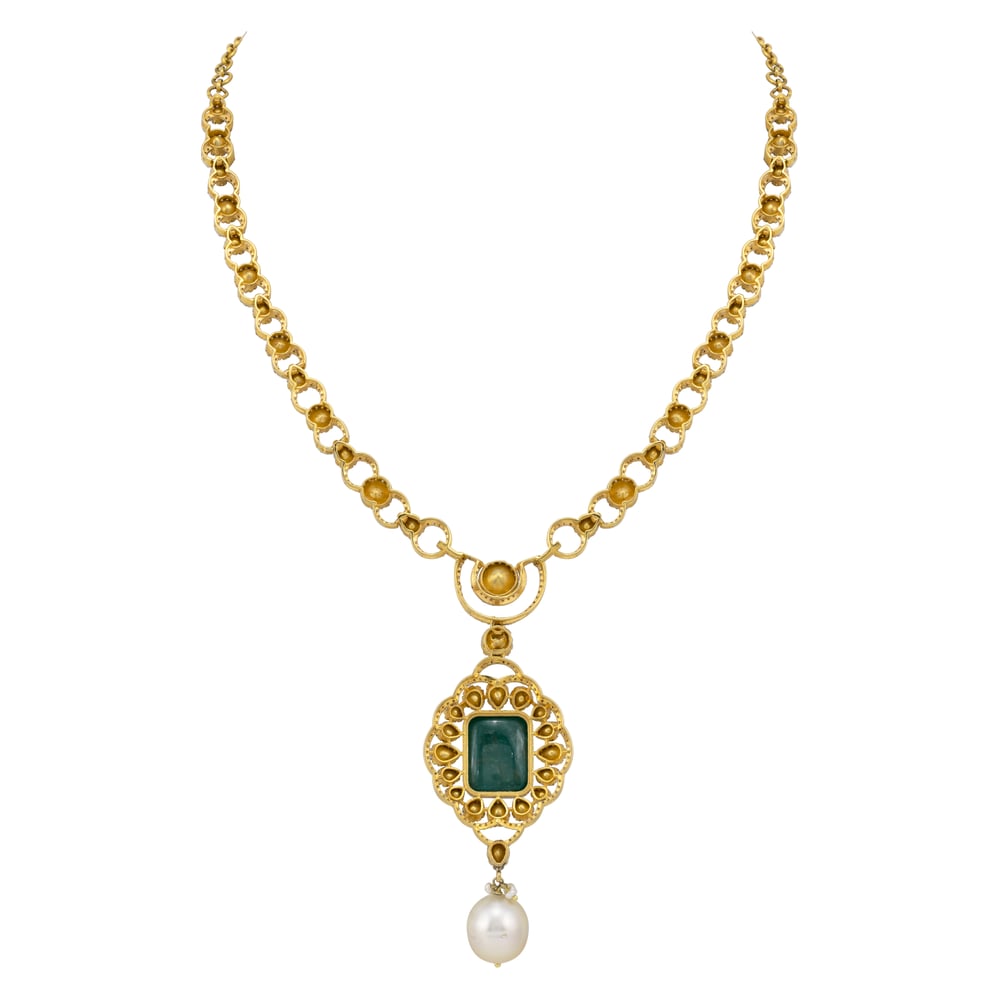 Claw-Set Emerald Pendant with Polki Diamond and Pearl Drops