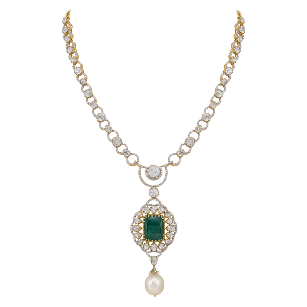 Claw-Set Emerald Pendant with Polki Diamond and Pearl Drops