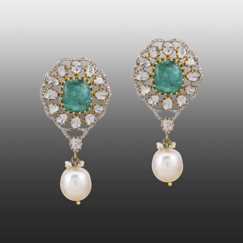 Claw-Set Emerald Earrings with Polki Diamond and Pearl Drops