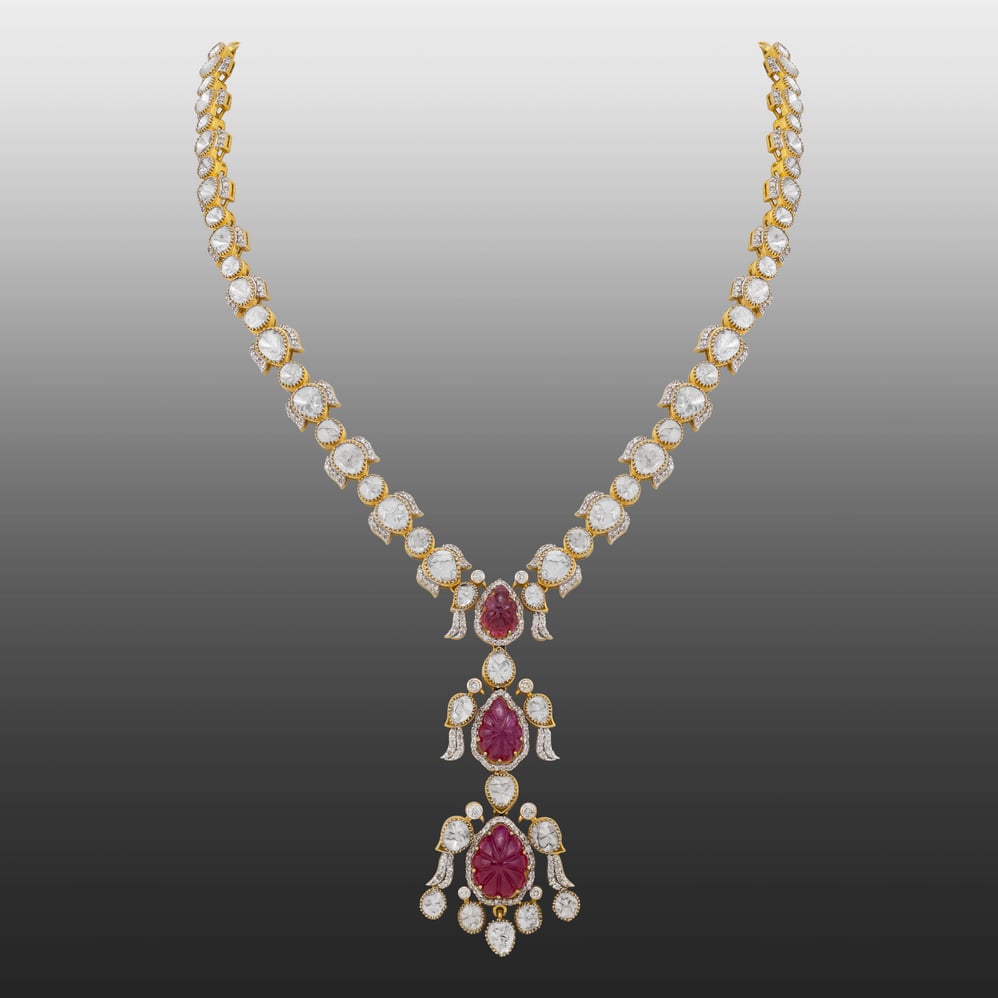 Carved Ruby Pendant Necklace with Polki Diamonds