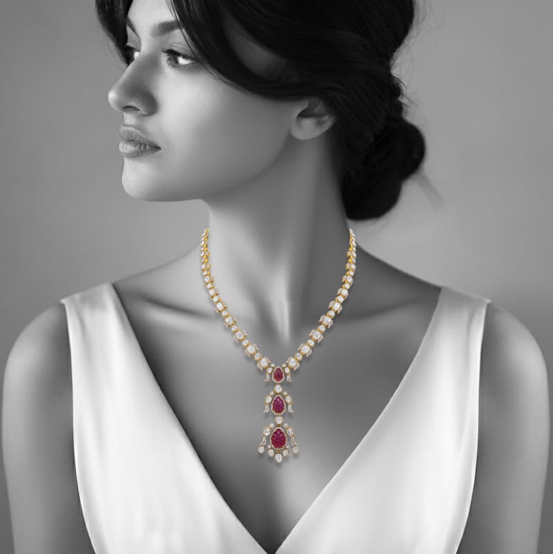 Carved Ruby Pendant Necklace with Polki Diamonds