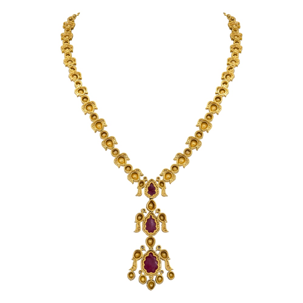 Carved Ruby Pendant Necklace with Polki Diamonds