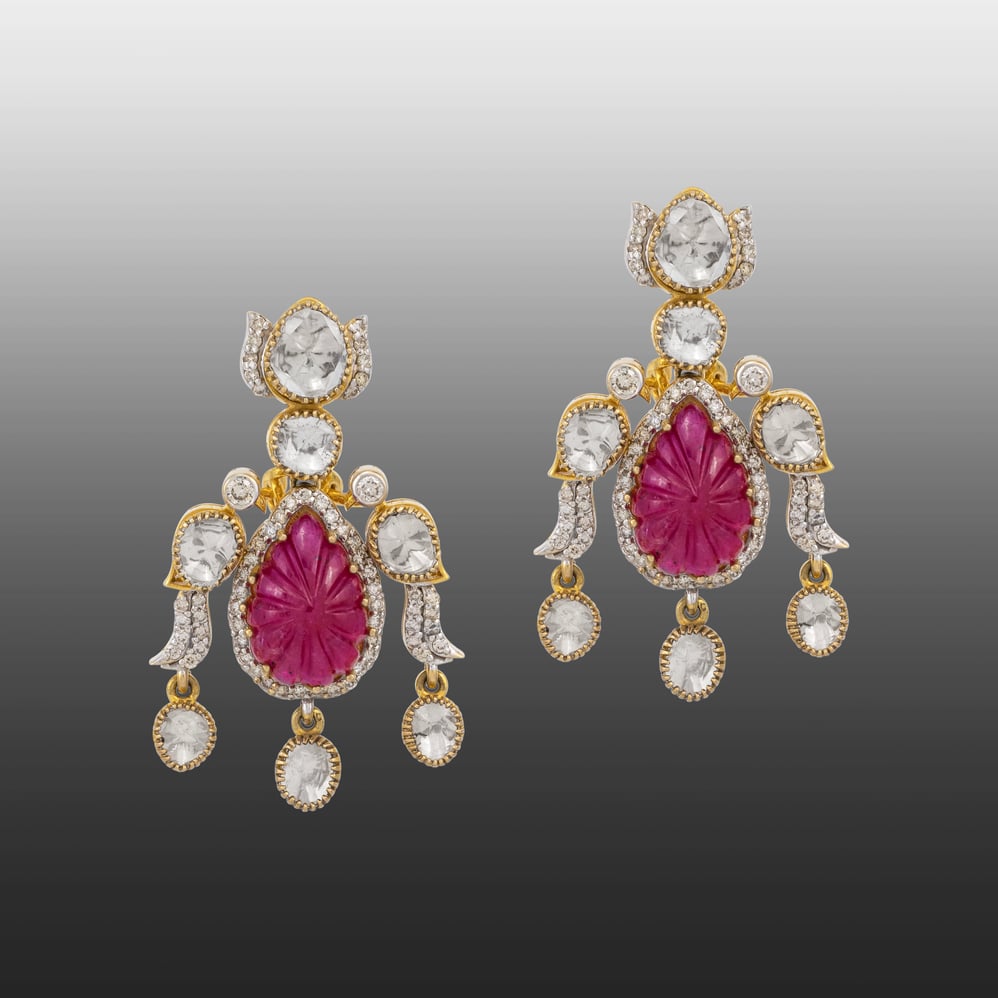 Carved Ruby and Polki Drop Earrings with Bird Motif