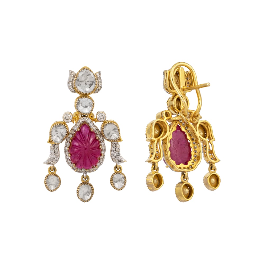 Carved Ruby and Polki Drop Earrings with Bird Motif