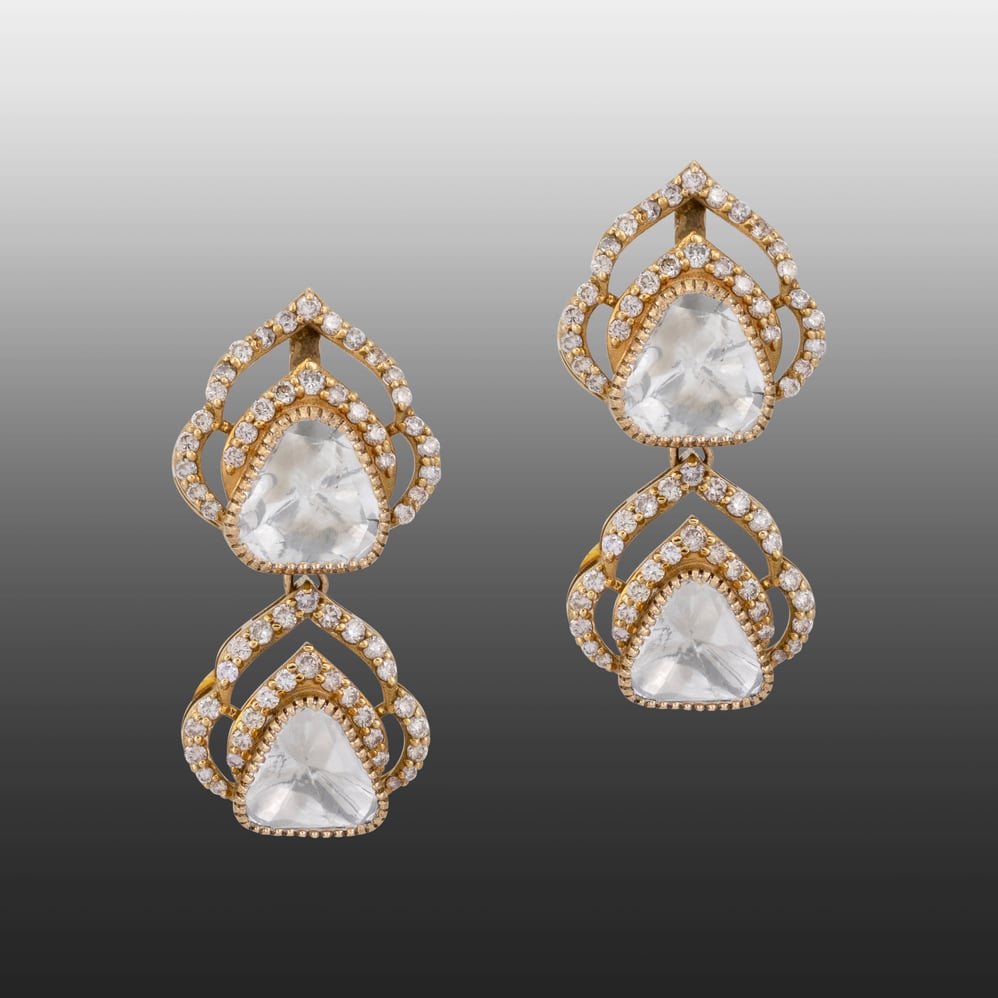 Double-Tiered Uncut Polki Earrings with Antique Finish