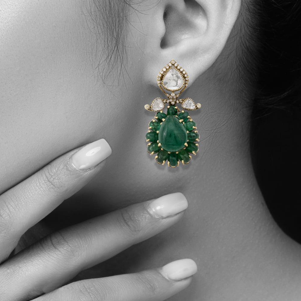 Antique Emerald Drop Earrings with Beaded Halo