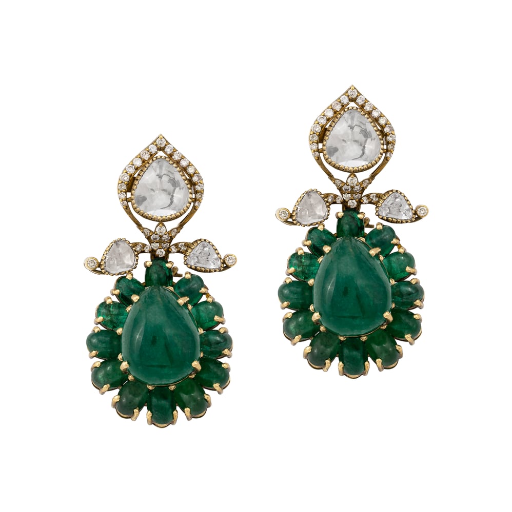 Antique Emerald Drop Earrings with Beaded Halo
