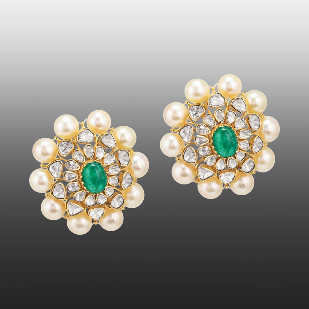 Emerald-Centred Polki Studs with Pearl Border