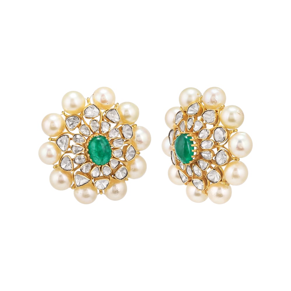 Emerald-Centred Polki Studs with Pearl Border