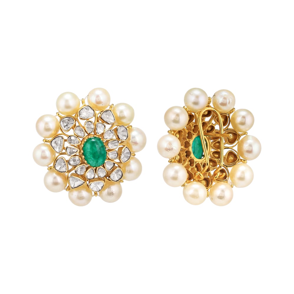 Emerald-Centred Polki Studs with Pearl Border