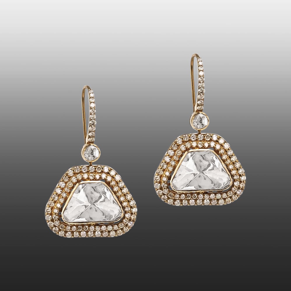 Antique-Finish Drop Polki Earrings with Diamond Border