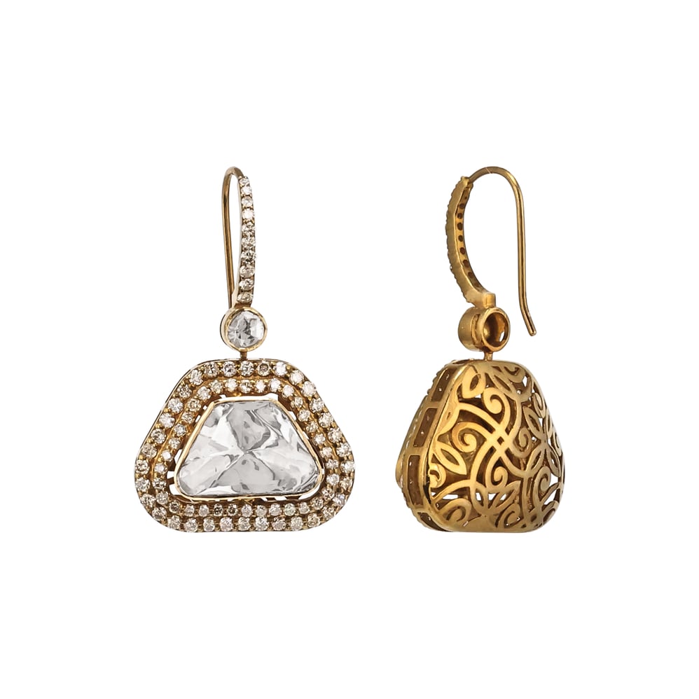 Antique-Finish Drop Polki Earrings with Diamond Border