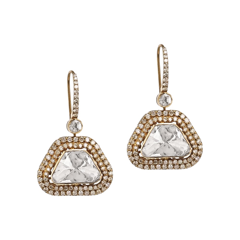 Antique-Finish Drop Polki Earrings with Diamond Border