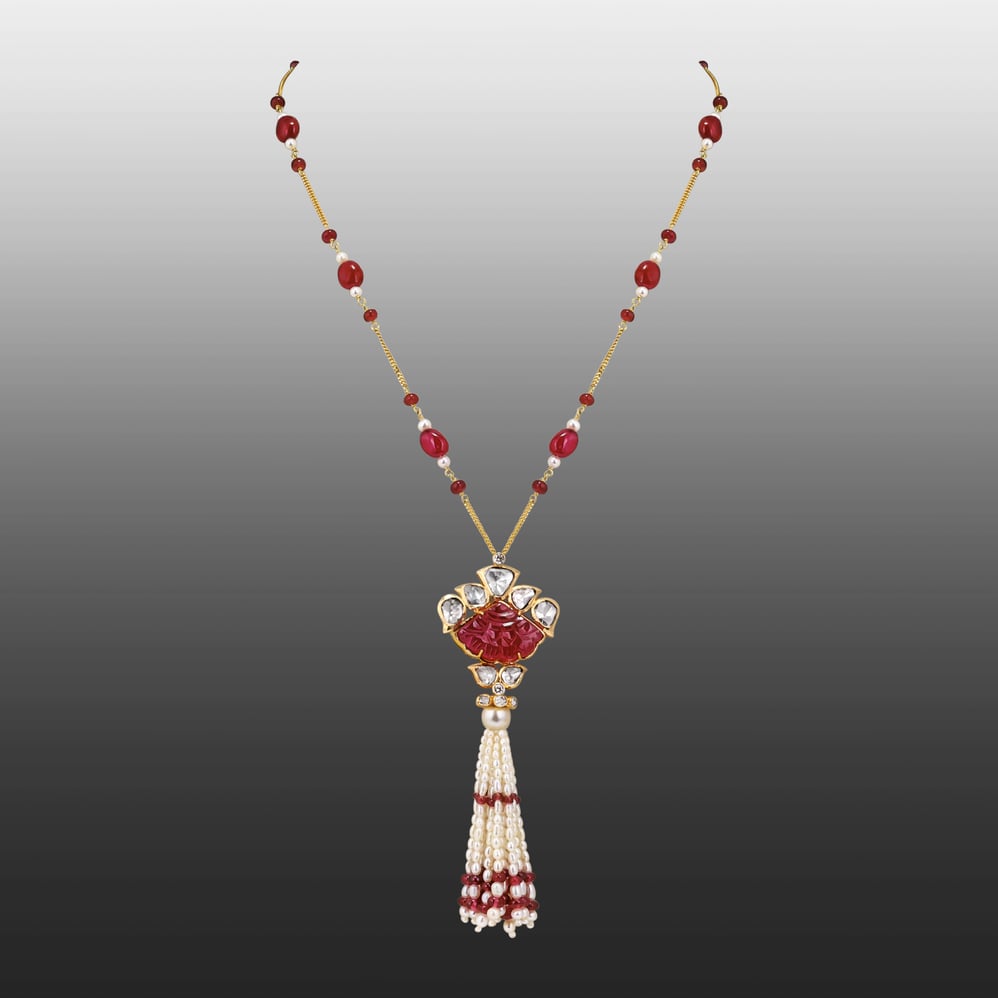 Carved Ruby Pendant Necklace with Pearl Tassel