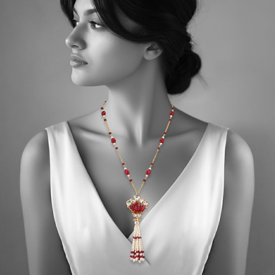 Carved Ruby Pendant Necklace with Pearl Tassel