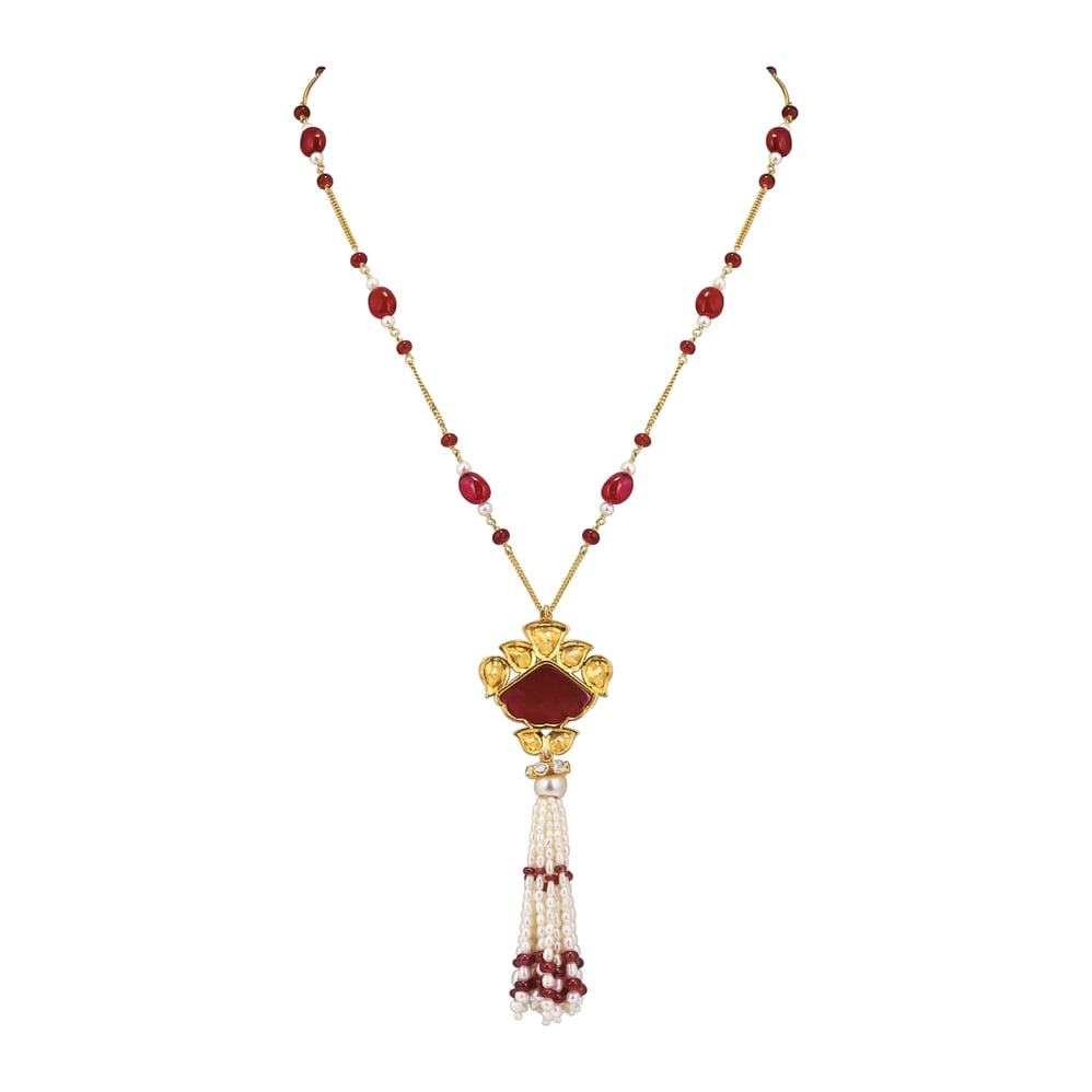 Carved Ruby Pendant Necklace with Pearl Tassel