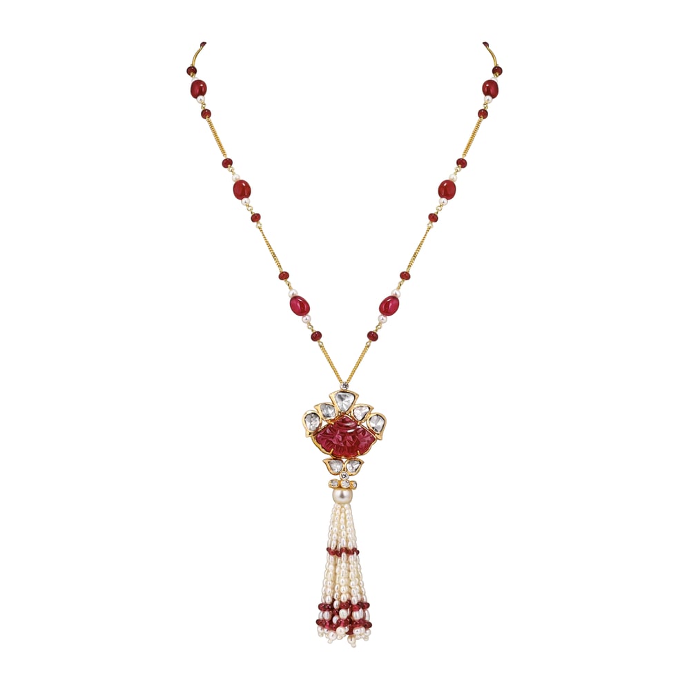 Carved Ruby Pendant Necklace with Pearl Tassel