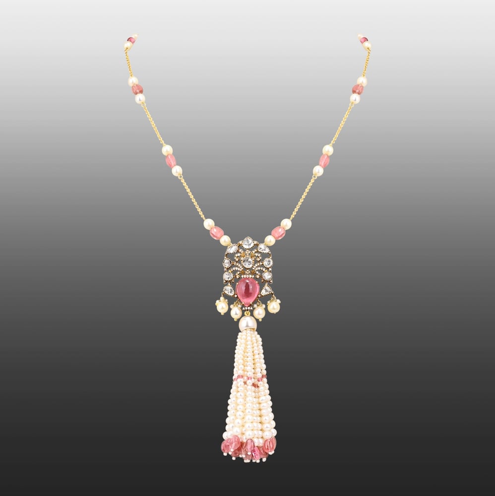 Tourmaline Pendant Necklace with Pearl Tassel and Polkis