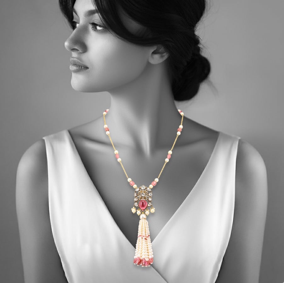 Tourmaline Pendant Necklace with Pearl Tassel and Polkis