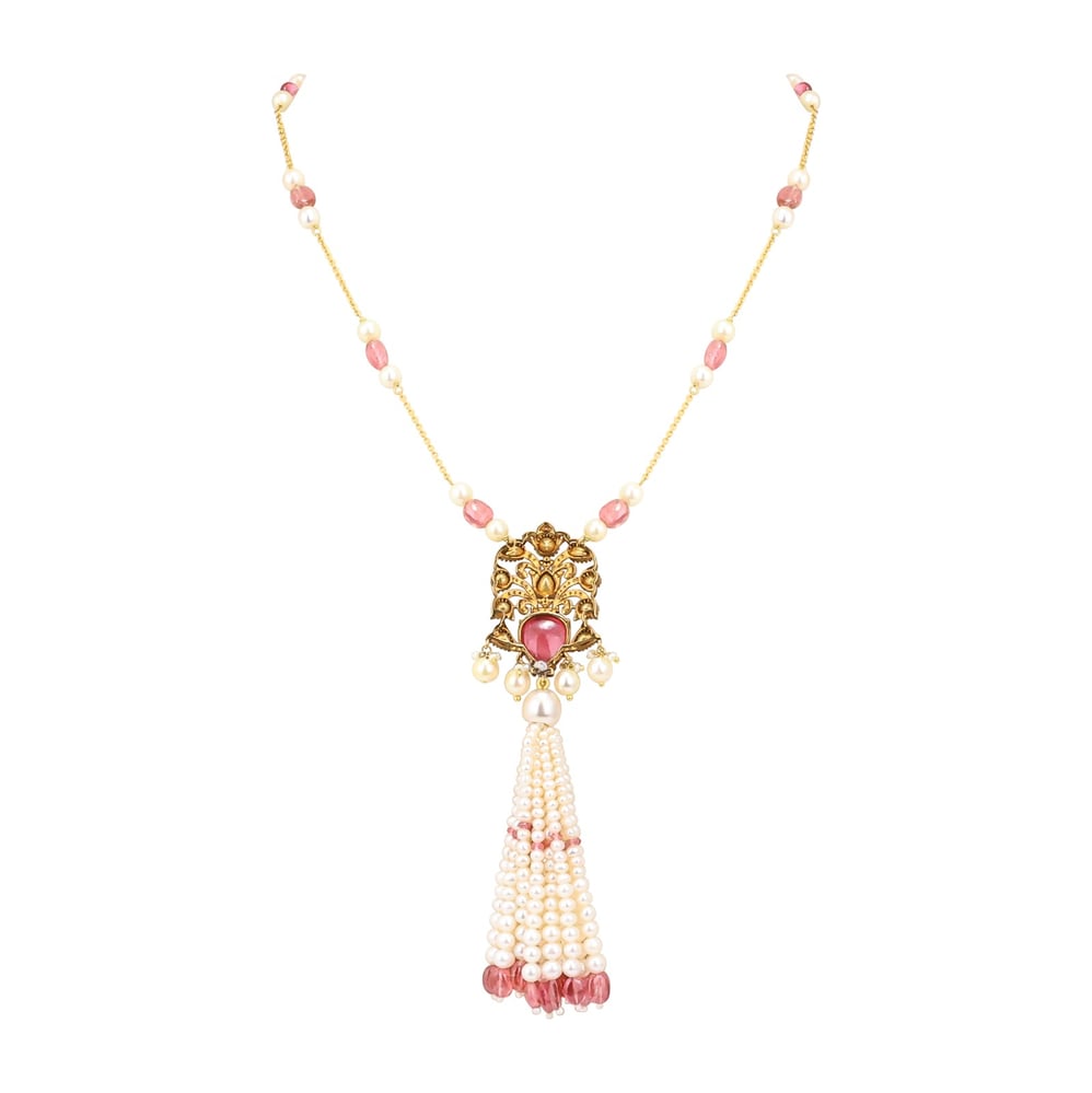 Tourmaline Pendant Necklace with Pearl Tassel and Polkis