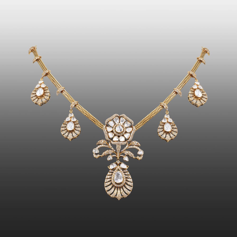 Antique Style Polki and Diamond Pendant Necklace