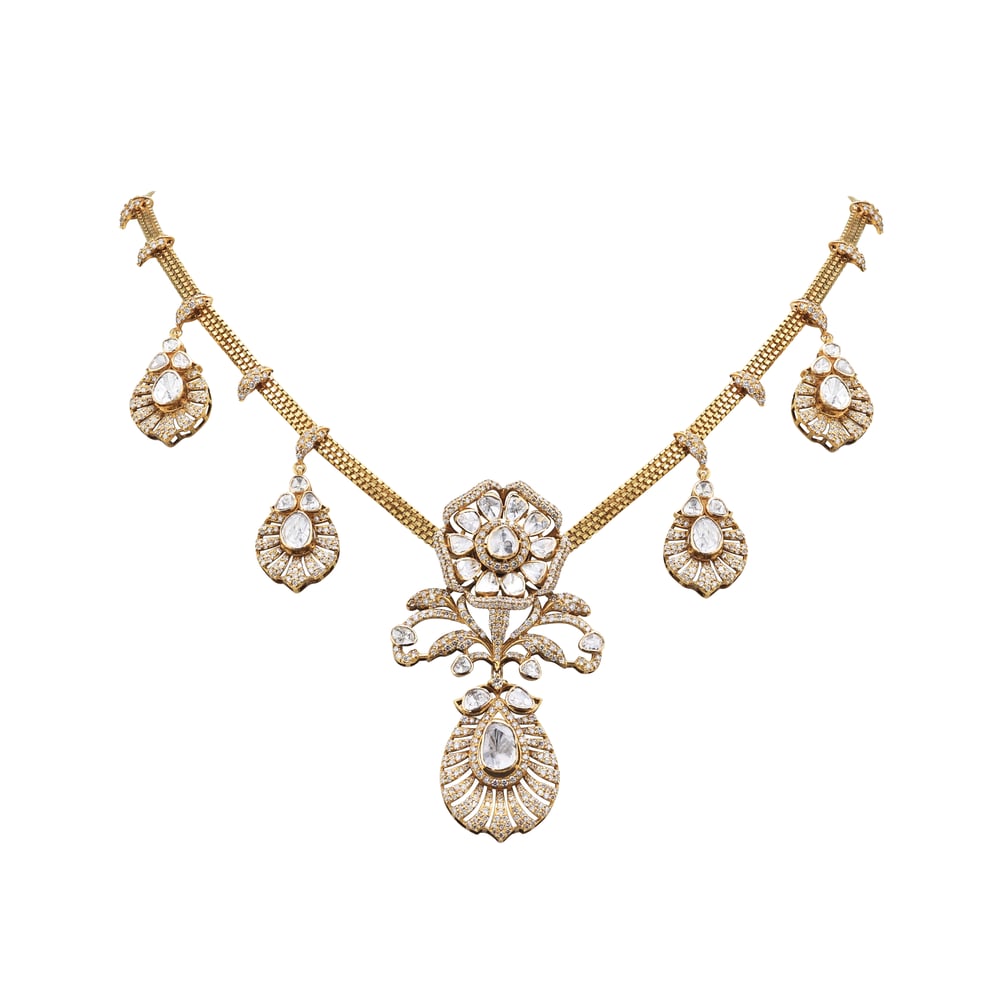 Antique Style Polki and Diamond Pendant Necklace