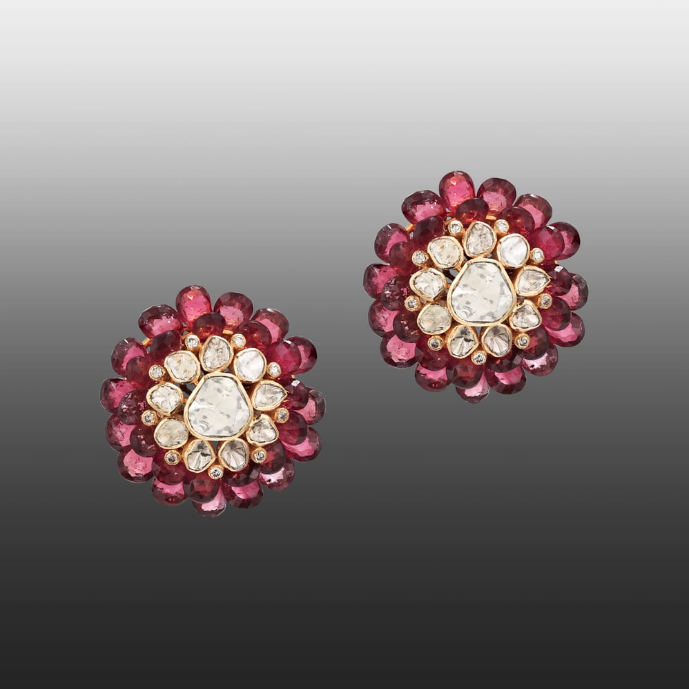 Tourmaline Floral Stud with Polki Diamonds