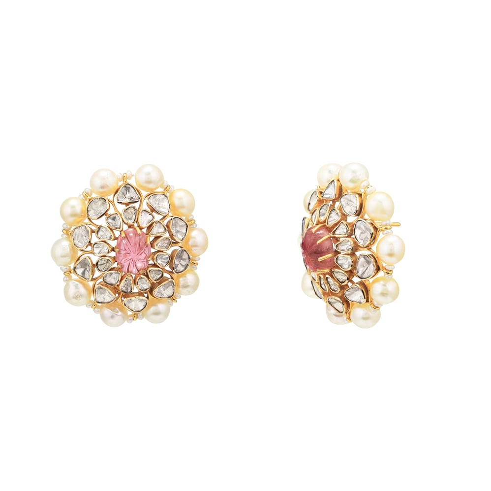 Pink Carved Tourmaline Polki Stud with Natural Pearls