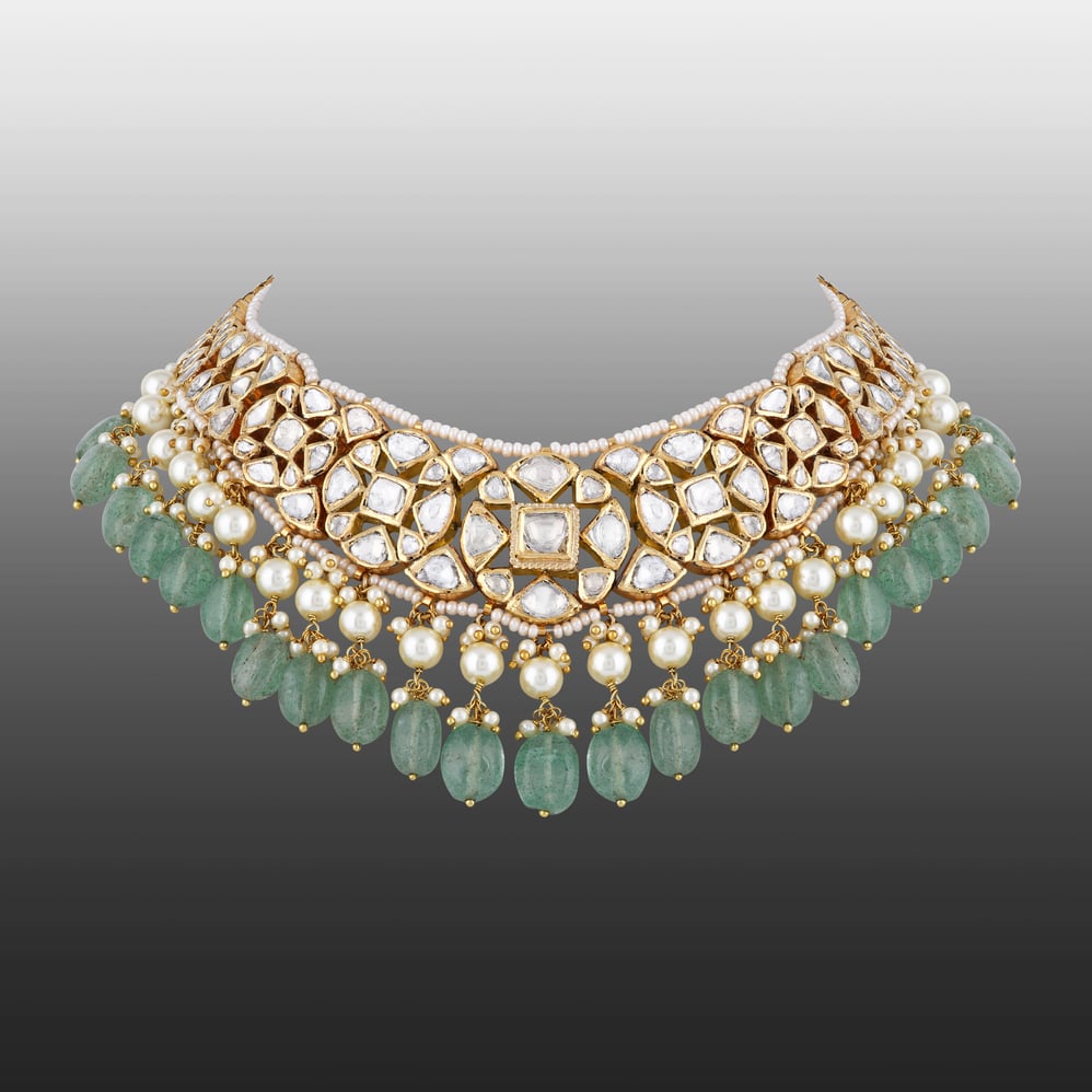 Floral Polki Necklace with Emerald Maniya and Pearls