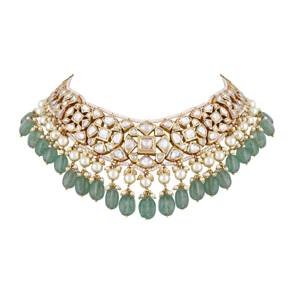 Floral Polki Necklace with Emerald Maniya and Pearls