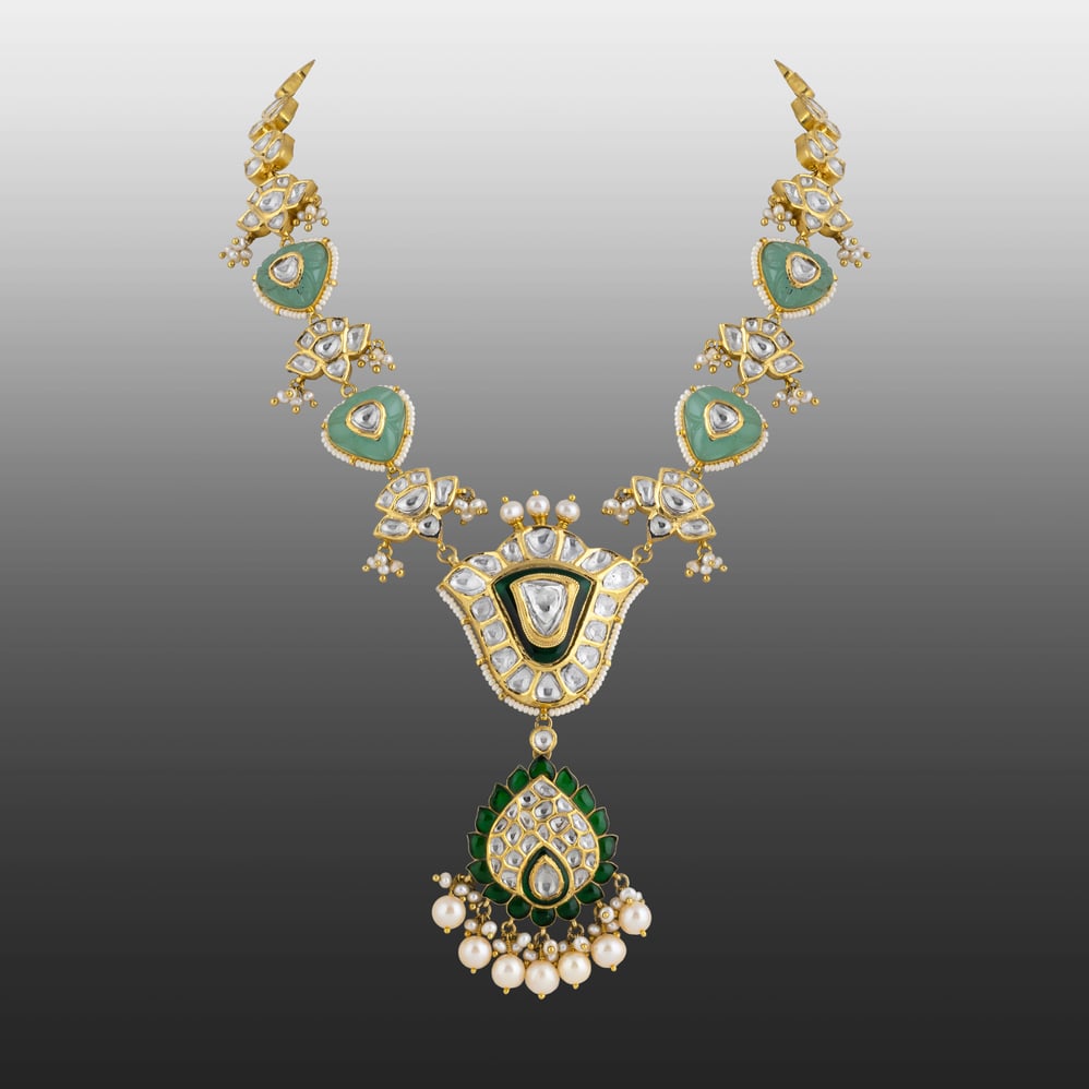Teardrop Polki Necklace with Green Talaf Stones, Carved Emerald and Pearls