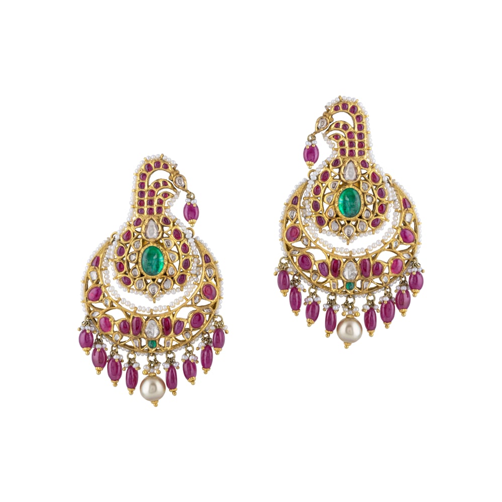 Uncut Diamond Polki Cuff Earring with Pink Talaf , Emerald & Pearls