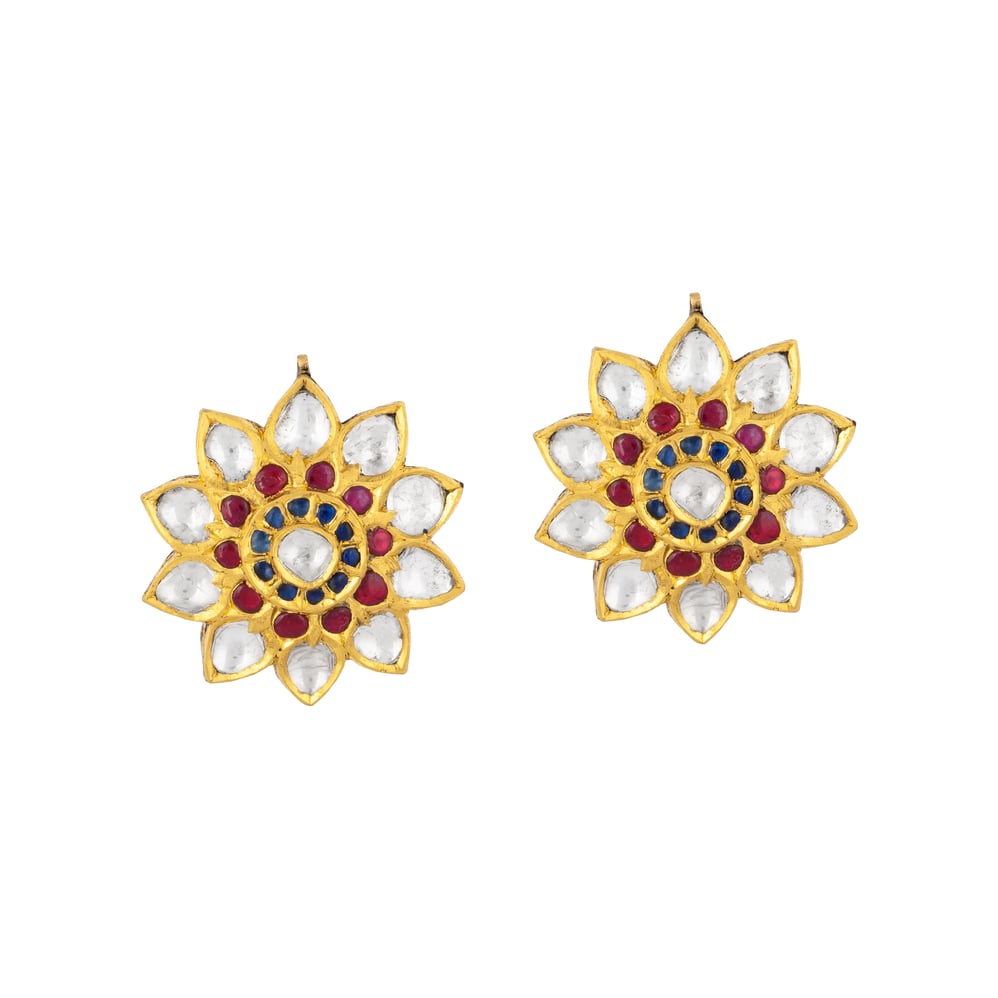 Floral Polki Studs with Red-Blue Talaf & Polki Petals