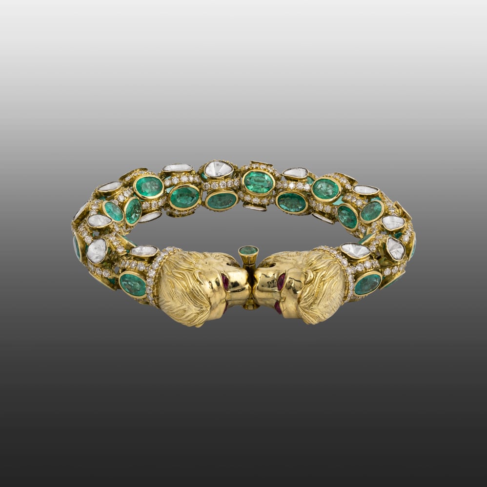 Antique Regal Sutarla Bracelet with Cut Emerald, Polki & Lion Heads
