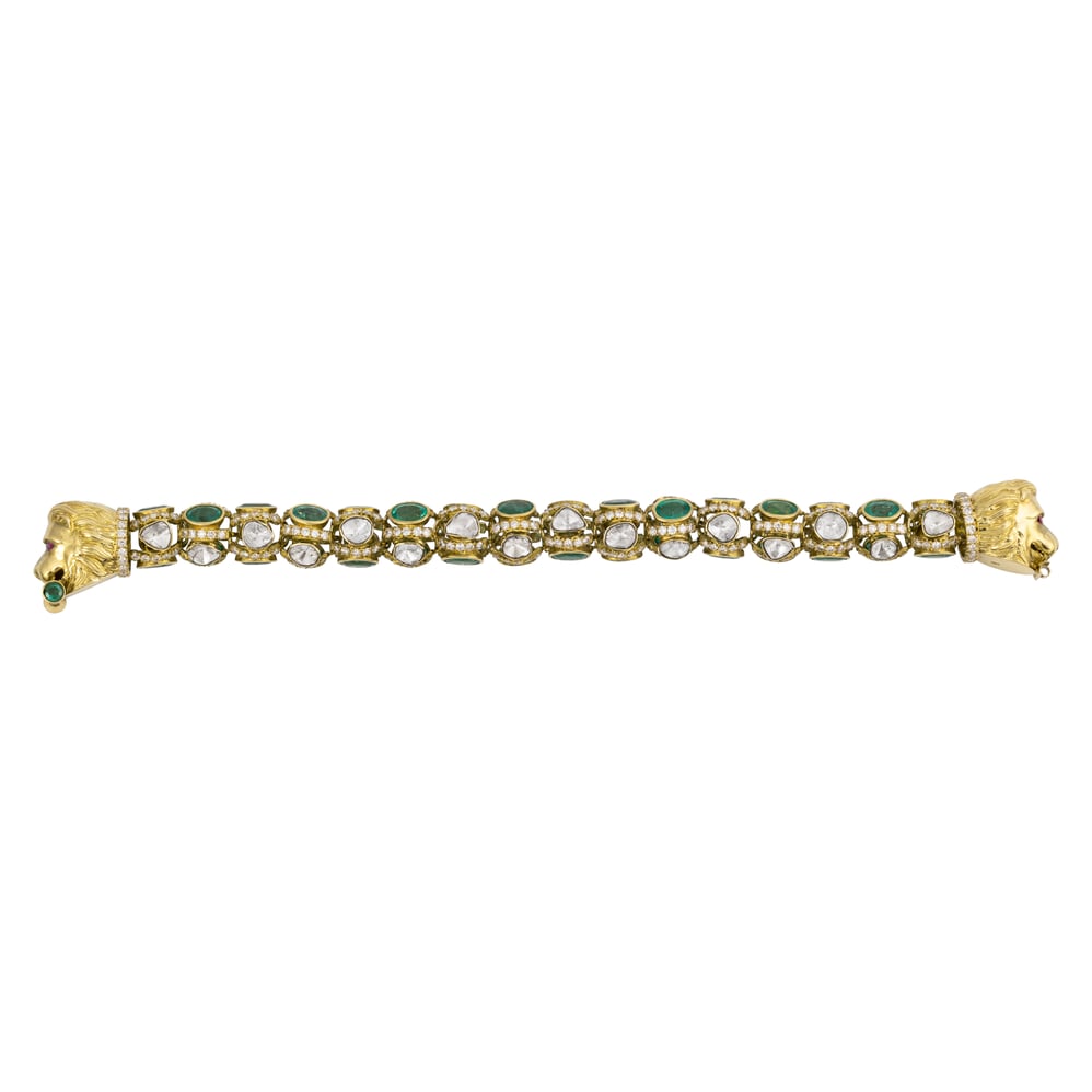 Antique Regal Sutarla Bracelet with Cut Emerald, Polki & Lion Heads